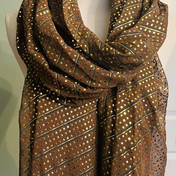 NWT Handmade Brown & Gold Scarf by Sana – Geometric Glow Design - Picture 5 of 12